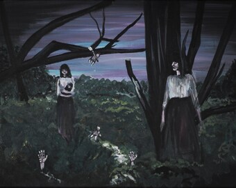 Doppelganger - Griezelige schilderkunst, griezelige kunst, gotische kunst, donkere kunst, atmosferische, paranormale schilderkunst, hoog contrast, paarse schilderkunst, landschap