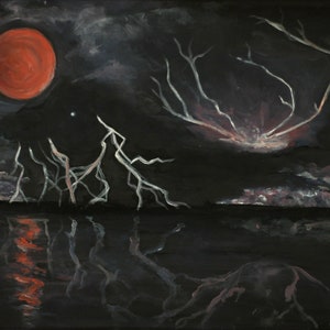 Lunar Eclipse PRINT - Thunderstorm, Lightning, Electrical Storm, Blood Moon, Red Moon, Dark art, Gothic Art, Eerie, Stormy, Dreamy art