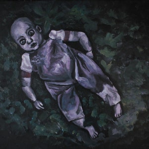 May include: A painting of a doll lying on its back in a dark, leafy setting. The doll has a pale, almost translucent skin tone and large, dark eyes. The doll is wearing a purple and white outfit.