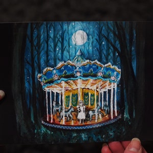 Moonlight Slumber - Art Print, dreamy painting, creepy painting, eerie art, abandoned carousel, dark art, spooky, dark forest, horror print