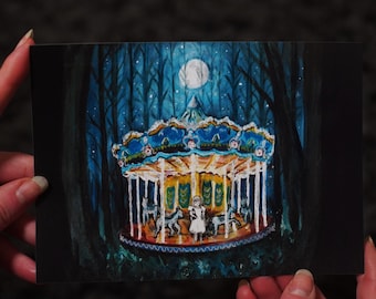 Moonlight Slumber - Art Print, dromerig schilderij, griezelig schilderij, griezelige kunst, verlaten carrousel, donkere kunst, spookachtig, donker bos, horrorprint