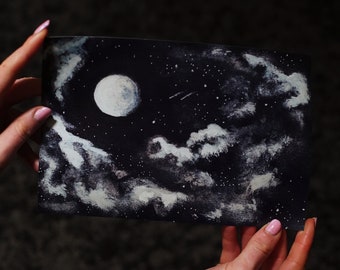 Night Sky Print - maan schilderij, donkere nachtelijke hemel, griezelige kunst, horror kunst, acryl, sterrennacht, donkere kunst, gotische kunst print, spookachtige schilderij