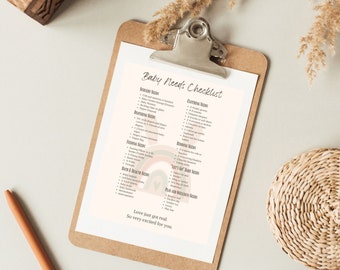 May include: A checklist for baby needs on a clipboard with a rainbow graphic. The checklist includes categories for nursery, clothing, diapering, feeding, bedding, "Let's Go" baby, play and wellness, and more.