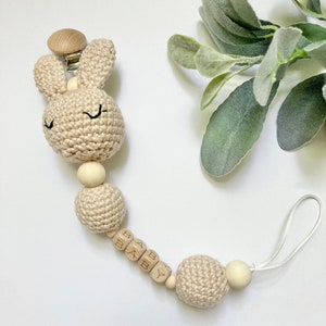 Linen Bunny Personalized Pacifier Clip, Crochet Pacifier Clip, Custom Pacifier Clip, Expecting Mom Gift, Beaded Pacifier Clip, New Baby Gift