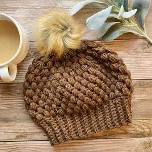 Brown Crochet Womens Beanie, Mom Winter Hat, Handmade Winter Beanie, Handmade Boho Hat, Mom Gift, Fur Pom Pom Beanie, Gift for Her, Beanie
