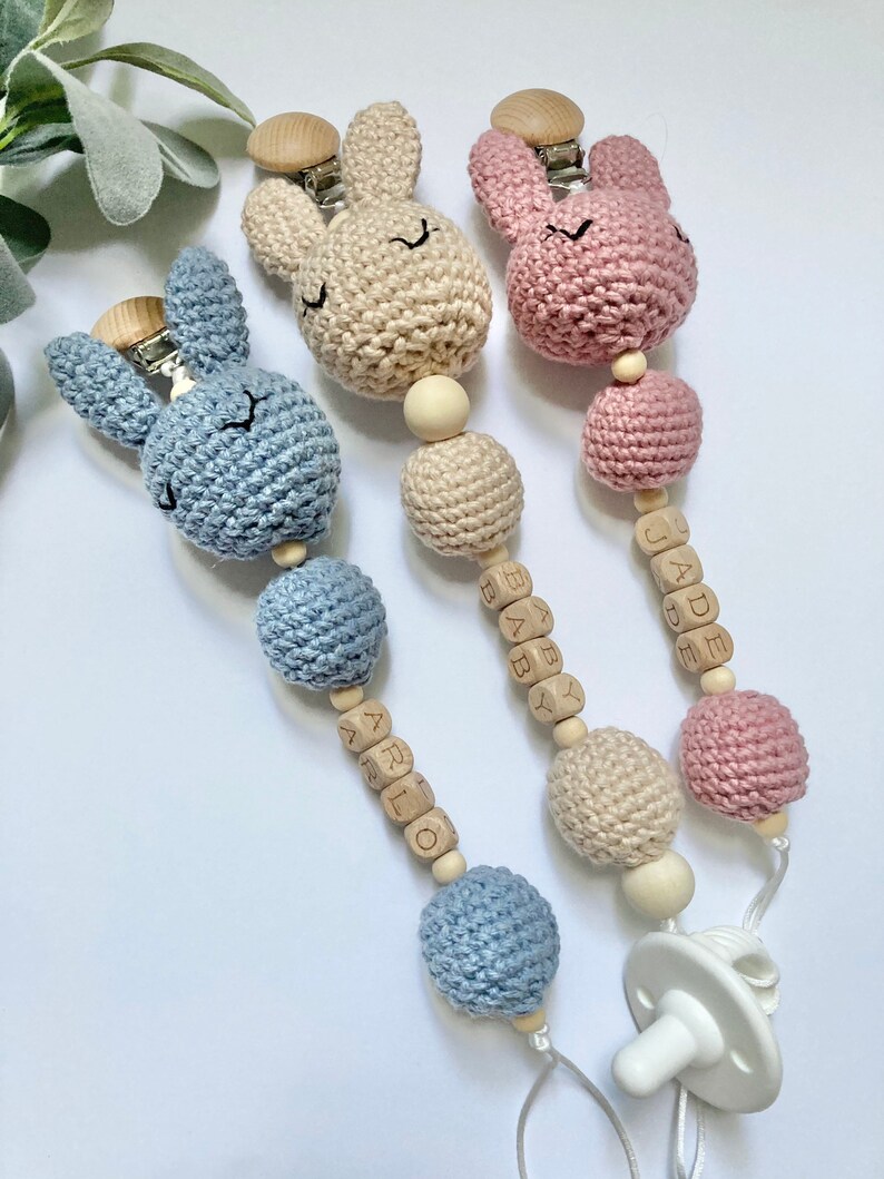 Personalized Pacifier Clip, Crochet Bunny Pacifier Holder, Custom