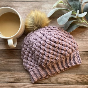Lavender Crochet Womens Beanie, Mom Winter Hat, Handmade Winter Beanie, Handmade Boho Hat, Mom Gift, Fur Pom Pom Beanie, Gift for Her, Hat