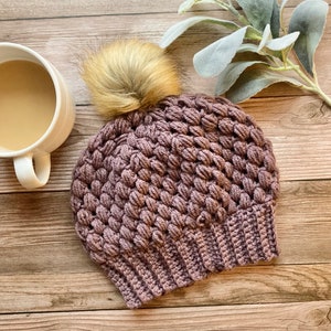 French Lilac Crochet Womens Beanie, Mom Winter Hat, Handmade Winter Beanie, Handmade Boho Hat, Mom Gift, Fur Pom Pom Beanie, Gift for Her