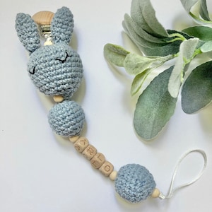 Blue Bunny Personalized Pacifier Clip, Custom Pacifier Holder, Crochet Pacifier Clip, Beaded Pacifier Clip, Baby Name Pacifier Clip