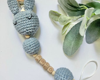 Blue Bunny Personalized Pacifier Clip, Custom Pacifier Holder, Crochet Pacifier Clip, Beaded Pacifier Clip, Baby Name Pacifier Clip
