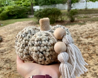 Calabaza de avena tejida a crochet, tallo de arpillera, decoración bohemia de otoño