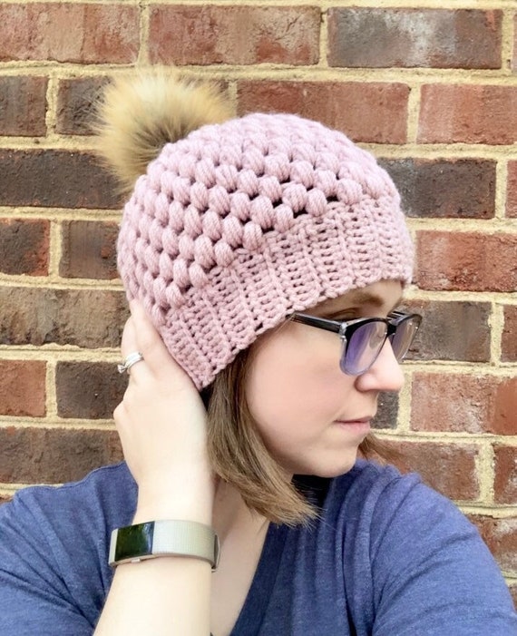 Pink Crochet Beanie With Faux Fur Pom Pom: Handmade Winter  display picture 3