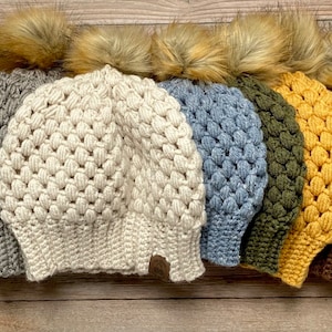Crochet Womens Beanie, Mom Winter Hat, Handmade Winter Beanie, Handmade Boho Hat, Expecting Mom Gift, Fur Pom Pom Beanie, Gift for Her, Gift