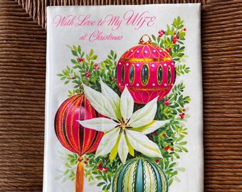 Tarjeta navideña de Norcross de mediados de siglo con relleno de satén - Grande 8" x 11" - Stock antiguo nuevo - Tarjeta sin firmar en caja - Con amor para mi esposa en Navidad