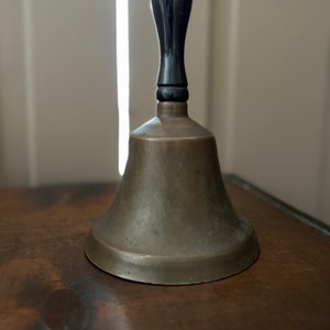 Antique Brass School Bell - Vintage Farmhouse Hand Ringing Bell - 9&quot; Hand Held Teacher Bell - Wood Handle - Shabby Brass Bell with Crack