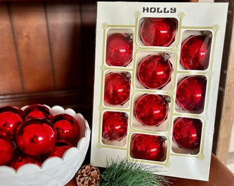 Vintage Box Red Glass Christmas Ornaments - Set of 10 - Made in Los Angeles, CA, USA by Holly Decorations Inc - Mid Century Holiday Decor