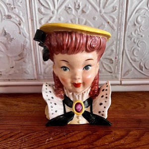 Mid Century Lady Head Vase - Charming Country Girl Head Vase - Vintage Ceramic School Girl Planter -1950&#39;s Hand Painted Young Girl Head Vase