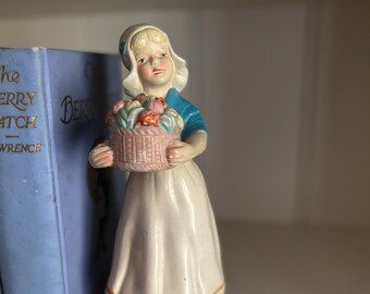 Vintage Dutch Girl Figurine - Mid Century Ceramic Collectible - Hand Painted - Traditional Scandinavian Dress w / Basket of Tulips - 1960's