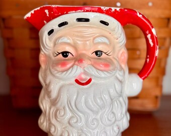 Vintage Santa Pitcher - Mid Century - 1950's Japan - Perfect Santa Face - No Chips or Cracks - Some Paint Loss to Rim & Handle -Hard to Find