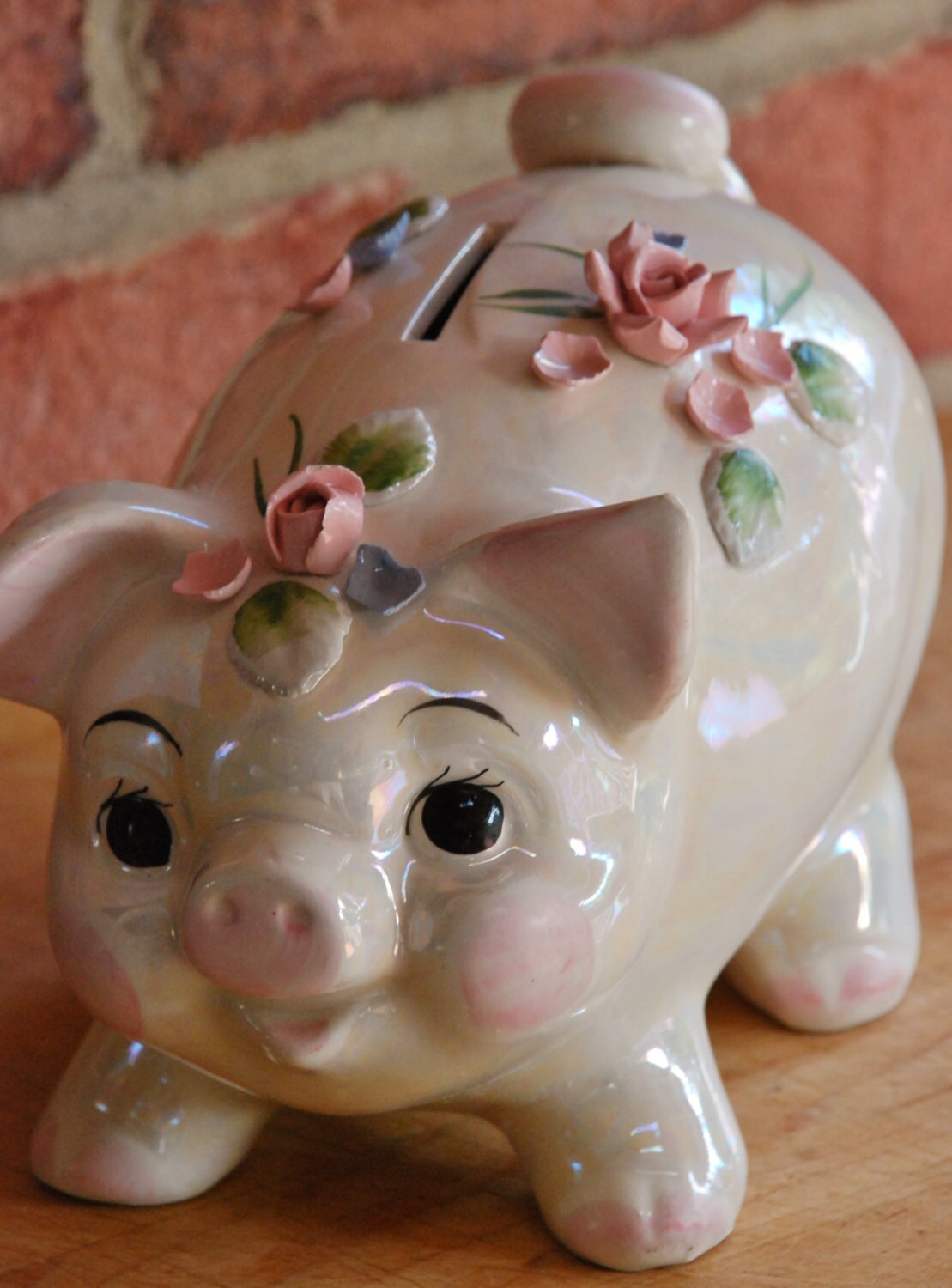 Vintage Lefton Ceramic Piggy Bank with Lustre Finish & Flower Etsy