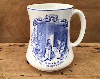 Taza de cerámica vintage con transferencia de tinta - El camino del pobre Richard hacia la riqueza - Taza de cerámica Maling - Fabricada en Inglaterra - Transferencia de tinta azul - Ben Franklin Advice