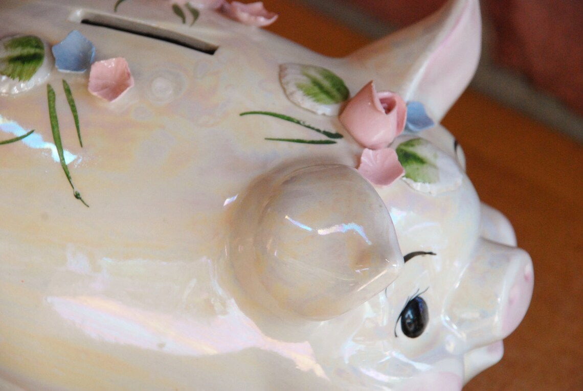 Vintage Lefton Ceramic Piggy Bank with Lustre Finish & Flower Etsy