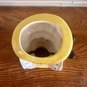 Pu&ograve; includere: Un vaso da fiori in ceramica a forma di persona con un cappello giallo. Il vaso ha una smaltatura bianca ed &egrave; decorato con dettagli marroni e neri. Il vaso ha un'ampia apertura nella parte superiore per la semina.