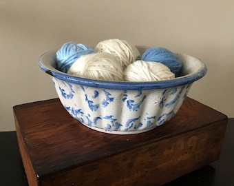 Antiguo azul y blanco spongeware Pottery Bowl - Primitive Pennsylvania Pottery - Rustic Farmhouse Kitchen - Authentic American Sponge Ware