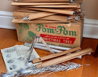 Pom Pom Aluminum Christmas Tree - 4 Ft Tall - Original Box - Vintage 1960's - Mid Century Silver Christmas Tree - All 52 Branches in Sleeves