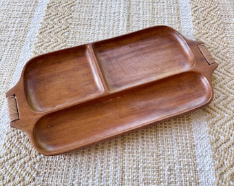Arthur Umanoff Raymor - Madera auténtica de taberna - Bandeja de servicio dividida n.° 538 - Asas de ratán - MCM de mediados de siglo - Excelente estado - Década de 1960