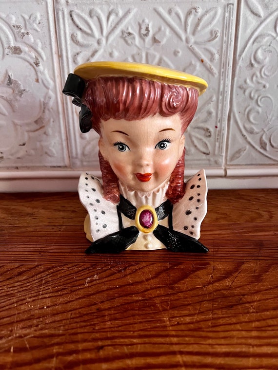 Mid Century Lady Head Vase - Charming Country Girl Head Vase - Vintage Ceramic School Girl Planter -1950's Hand Painted Young Girl Head Vase