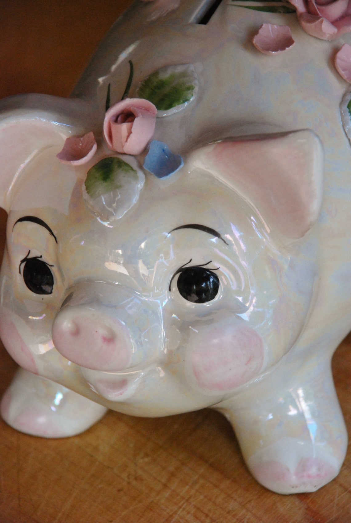 Vintage Lefton Ceramic Piggy Bank with Lustre Finish & Flower Etsy