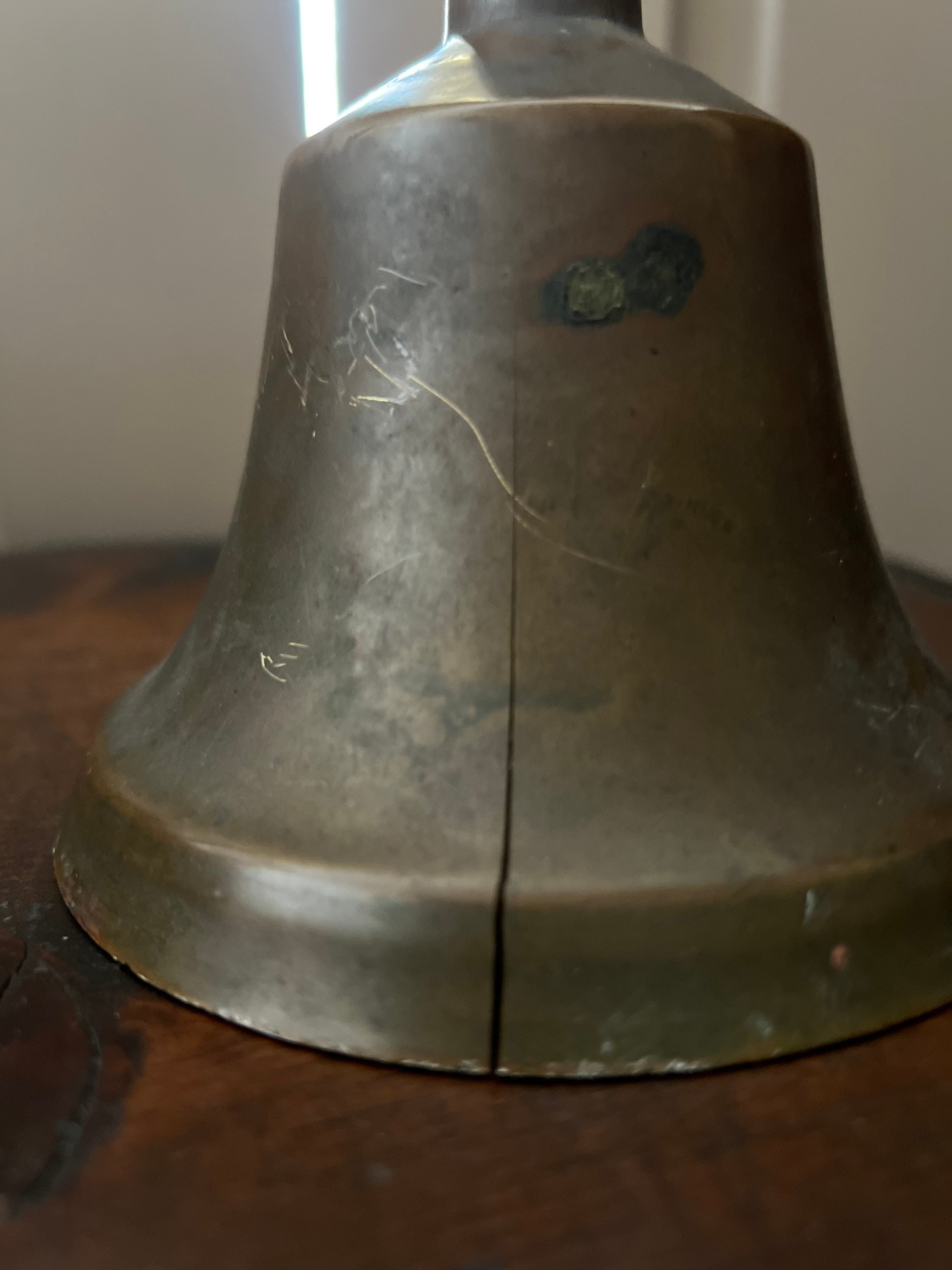 Vintage Wood Handle School Solid Brass Bell Marked Inside AU, 8.75”H, NICE
