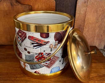 Cubo de hielo vintage con tapa - Litografía de latón y estaño de 1960 - Barware retro - Mediados de siglo - Mad Men Era - Made in USA - MCM Color Graphics