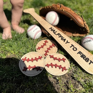 Baby Photo Props Halfway to First, Baseball Theme Photo Props. For Baby Six 6 Months Milestone Photos.