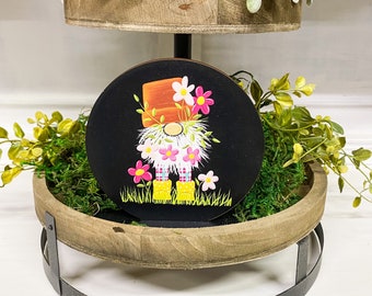 Flower Pot Gnome Mini Sign | Hand Drawn Gnome Art | Tiered Tray Sign | Woodland Themed Decor