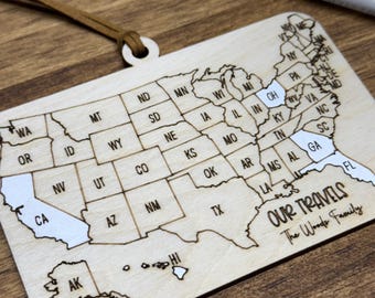 Travel Map Ornament | USA color as you go Map | Personalized Gift | Fifth Anniversary