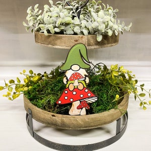 Gnome and Mushroom Mini Sign | Hand Drawn Mushroom and Gnome | Cottagecore | Tiered Tray Sign | Woodland Themed Decor