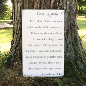 Love is patient | love is kind | 1 Corinthians | wedding gift | anniversary | wood sign | white and gray | valentines day