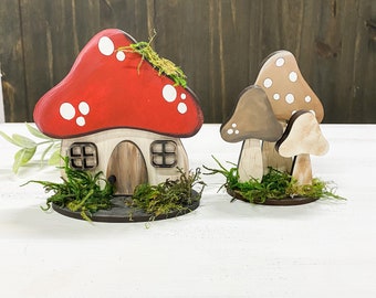 Mushroom Gnome Home | Cottagecore | Woodland Themed Decor | Mushrooms | Tiered Tray Decor | Tiered Tray Signs