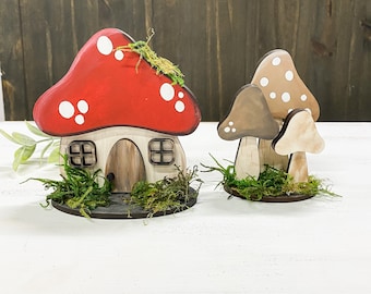 Mushroom Gnome Home | Cottagecore | Woodland Themed Decor | Mushrooms | Tiered Tray Decor | Tiered Tray Signs
