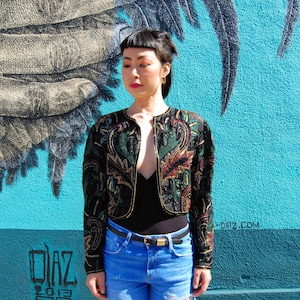 Vintage Black Silk Beaded Cropped Jacket from India, size Medium