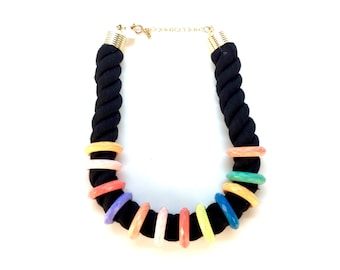 Vintage Black Rope Necklace with Multi-Color Rings