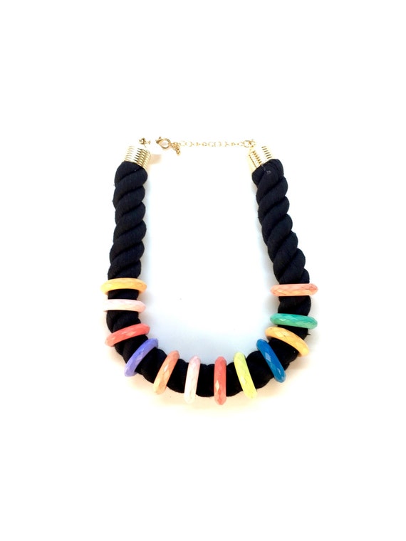 Vintage Black Rope Necklace with Multi-Color Rings - image 1