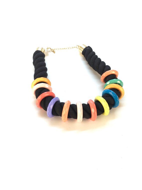 Vintage Black Rope Necklace with Multi-Color Rings - image 2