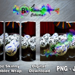 May include: A 20oz skinny tumbler wrap design featuring a close-up of white bingo balls with black numbers. The background is a red curtain with a blurry image of a bingo cage.