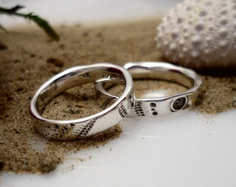 His and hers wedding rings set, silver wedding bands set, set alliances, engagement ring, nature ocean inspired wedding ring, simple bands