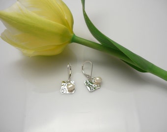 Silver square earrings and freshwater pearl, silver and pearl earrings, silver earrings, pearl earrings, real pearl and silver earrings
