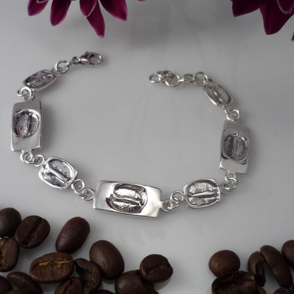 Bracelet argent sterling avec empreinte grain café, bracelet argent femme, bracelet argent homme, bijoux canadien, bracelet argent 925