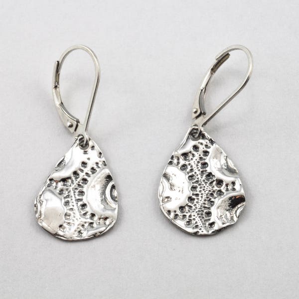 Boucles d'oreilles goutte en Argent Sterling 925, larme, pendante, léger, texturé, coquillage oursin de mer, organique, Québec